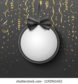 Round blank tag with bow on festive gold confetti background design, vector illustration
