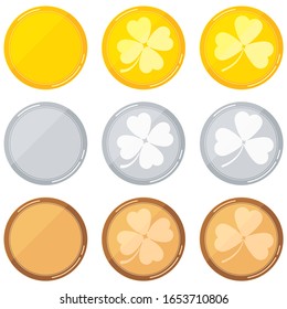 Round blank templates set with clover - gold, silver, bronze isolated on white background. Vector flat design cartoon style illustration. 