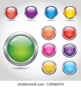 Round blank web buttons with metal rings shiny glass colorful set
