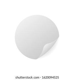 Round blank white paper sticker with peeled off corner, vector mock-up.