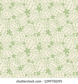 Round blooming cactus hand drawn line art doodle style seamless texture pattern in monochrome green on beige natural tone background. Vector. Great for textile, home decor, fashion and stationery.