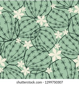 Round blooming cactus hand drawn line art doodle style seamless pattern in dark on soft green and white color. Vector. Great for textile, home decor, fashion and stationery.