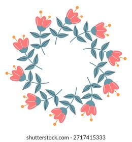 Arredondar quadro decorativo florescente. Ilustração em estilo plano de flores cor-de-rosa com vegetação exuberante.