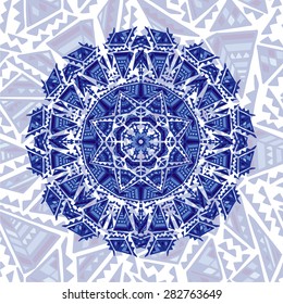 Round blue abstract ethnic ornament. Abstract geometric ethnic pattern. Geometric ethnic round ornament. Illustration for greeting cards, invitations, and other printing projects.