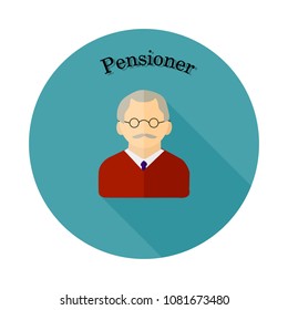 Round blue badge in a flat style, elderly pensioner with glasses, vector