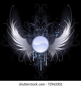 round blue banner with artistically painted white angel wings on a black background decorated with a pattern and blue paint.