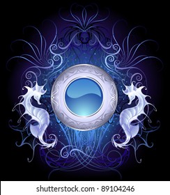 round blue banner with the sea dragons on a black background luminous, decorated with fantastic patterns.