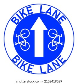 Round blue bike lane sign with directional arrow and two bicycles. Sticker. 