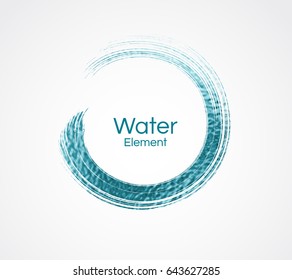 Round blue brush wave border texture background. Turquoise sparkle glossy aqua splash frame. Vector circle shiny water logo element pattern for web banner, label or summer card design.
