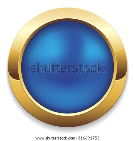 Round blue button with gold border on white background