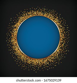 round blue button with gold frame on dark background