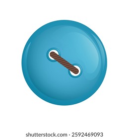 Round blue button for sewing onto clothing by sewing on with thread. Vector illustration cartoon style.