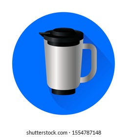 Round blue button with water filter with handle and black lid. Kitchen device cleanse water for drinking. Home tool for website interface or banner. Cookware vector illustration