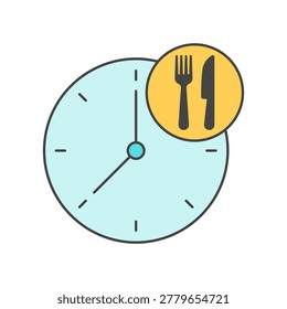 A round blue clock is paired with a yellow circle containing a fork and knife, showing a visual concept of dining time and food schedule.