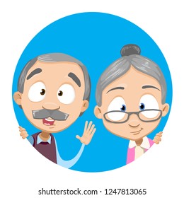 Round blue conceptual frame with cheerful grandpa and grandma. Cartoon smiling old man and woman looking with happiness vector illustration. Happy Grandparents day concept flat style design