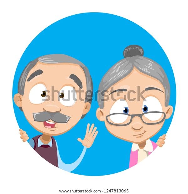 明るいおじいちゃんとおばあちゃんの丸い青のコンセプトフレーム 幸せのベクターイラストを使って見える 笑顔の老人と女性の漫画 祖父母の日のコンセプトフラットスタイルデザイン のベクター画像素材 ロイヤリティフリー
