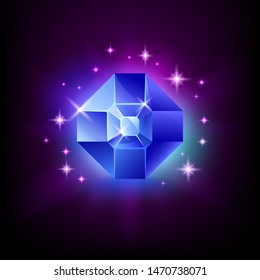 Round blue emerald shining gemstone with magical glow and stars on dark background vector illustration