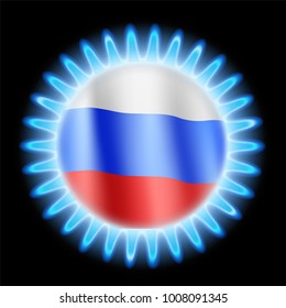 Round blue flame of stove with flag of Russia. Business with gas in the stock market. Stock vector illustration.