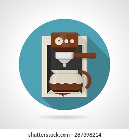 Round blue flat color design vector icon for modern coffee maker machine with pot on gray background with long shadows