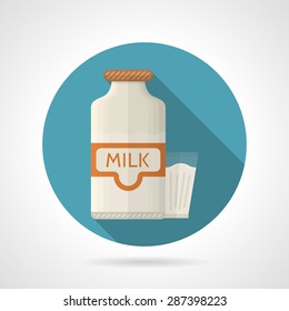 Round blue flat color design vector icon for glass of milk and bottle on gray background with long shadows.