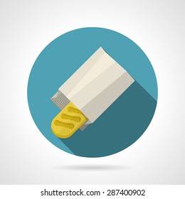 Round blue flat color design vector icon for long yellow baguette in paper pack on gray background with long shadows.