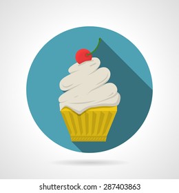 Round blue flat color design vector icon for tasty cupcake with a cream and topped by cherry a rope on gray background with long shadows.