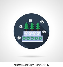Round blue flat color vector icon for celebratory cake, decorated with Xmas trees and snowflakes. Merry Christmas and Happy New Year holidays. Single web design element for mobile app or website.