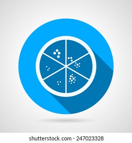 Round blue flat vector icon with white silhouette Petry dish with bacterial strains for some biological or medical laboratory on gray background. Long shadow design.