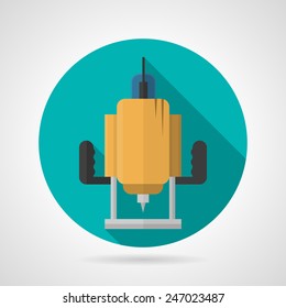 Round blue flat vector icon for yellow milling cutter a front view on gray background. Long shadow design.
