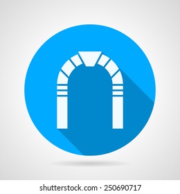 Round blue flat vector icon with white silhouette stone arch on gray background. Long shadow design.