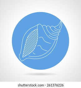 Round blue flat vector icon with white line spiral sea shell on gray background.