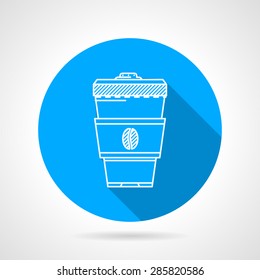 Round blue flat vector icon with white line disposable coffee cup with cap and holder on gray background with long shadows.