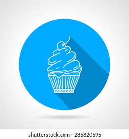 Round blue flat vector icon with white line cupcake or muffin with cream on gray background with long shadows.