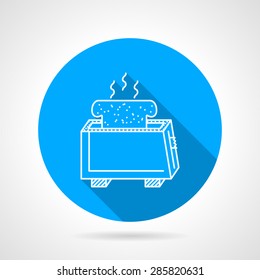 Round blue flat vector icon with white line toaster with prepared hot toast on gray background with long shadows.