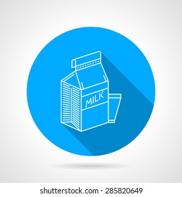 Round blue flat vector icon with white line cardboard pack with milk and a glass on gray background with long shadows.