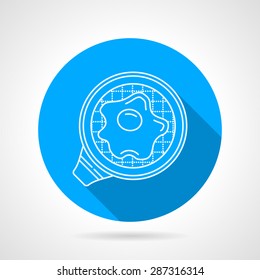 Round blue flat vector icon with white line skillet with fried egg on gray background with long shadows.