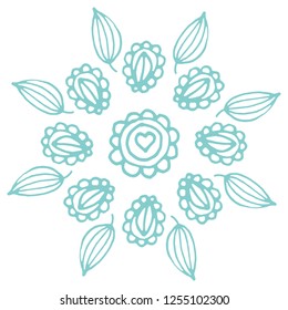 Round blue floral pattern in Doodle style: heart, love, flowers leaves isolated on white background