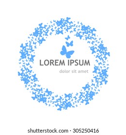 Round blue frame of butterflies. Vector
