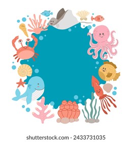 Round blue frame with different sea animals on a white background. Vector illustration