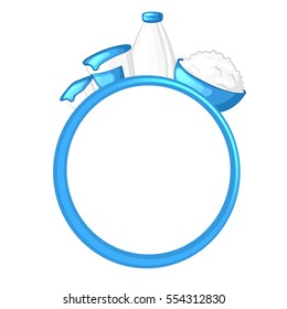 Round blue frame on white background decorated with milk and dairy products. Vector illustration.