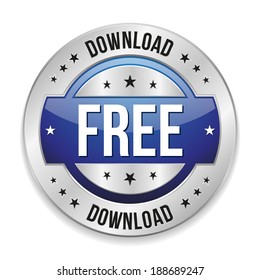 Round blue free download button with metallic border