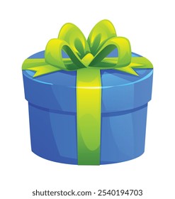 Caja de regalo azul redondo con lazo verde y cinta, ideal para regalos de vacaciones. Vector ilustración de dibujos animados
