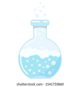 Round blue glass lab flask with  chemical boiling bubbling liquid reaction flat design vector icon isolated on white background. Cartoon style illustration of laboratory research and tests concept.