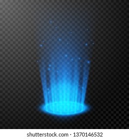 Round blue glow rays. Empty light effect podium. Night scene with sparks. Magic fantasy portal. Futuristic teleport. Vector illustration isolated on transparent background