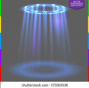 Round blue glow rays night scene on transparent background. Empty light effect podium. Disco club dance floor. Show party lamp in fog. Ufo beam stage