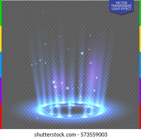 Round blue glow rays night scene with sparks on transparent background. Empty light effect podium. Disco club dance floor. Show party. Beam stage. Magic fantasy portal. Futuristic teleport.