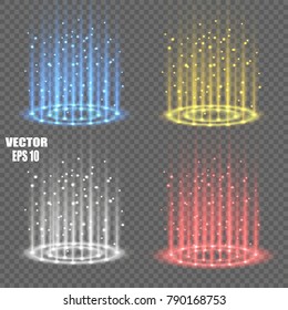 Round blue glow rays night scene with sparks on transparent background. Empty Disco club dance floor. Show party. Beam stage. Magic portal. teleport.
