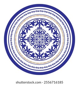 Round Blue Gold frame with large pattern in center. Ornamental elements, motifs of Kazakh, Kyrgyz, Uzbek. Round frame. Turkic ornaments. For ceramic, textile, print design, embroidery, sandblaster. 