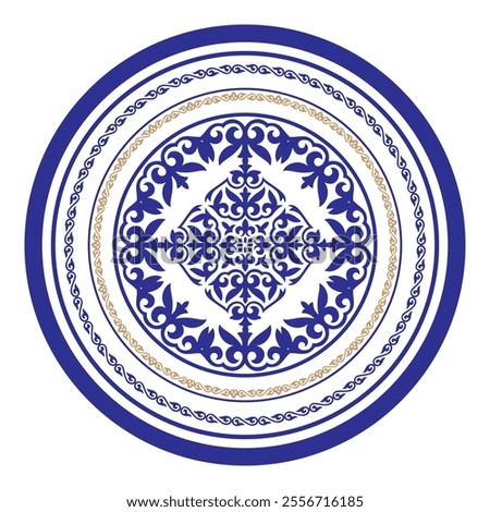 Round Blue Gold frame with large pattern in center. Ornamental elements, motifs of Kazakh, Kyrgyz, Uzbek. Round frame. Turkic ornaments. For ceramic, textile, print design, embroidery, sandblaster. 