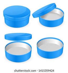 Round blue hat box. Open and closed empty carton. Vector illustration isolated on white background